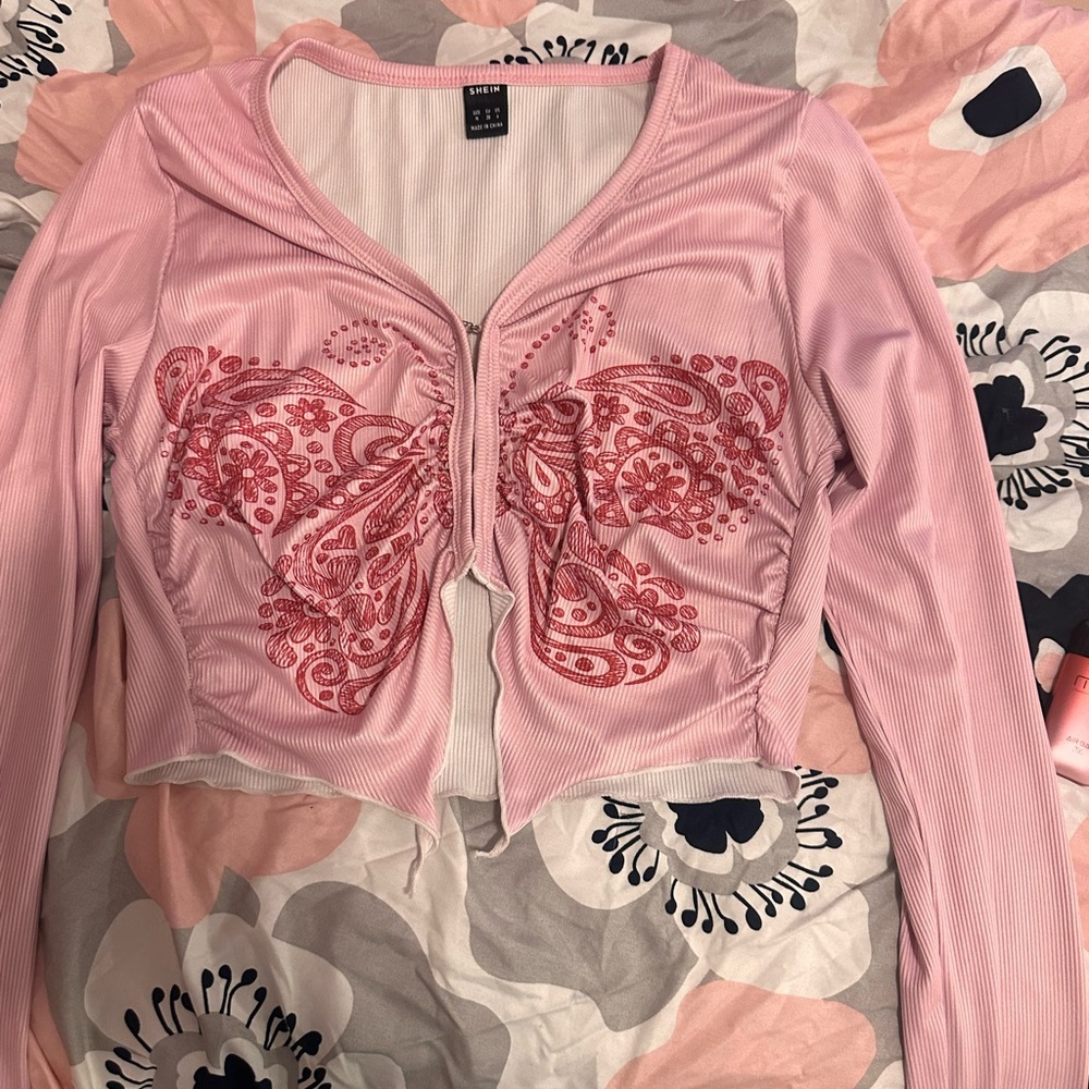 Pink Butterfly Long Sleeve crop top